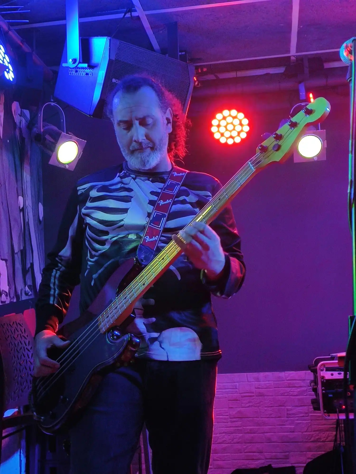 Bajista Carlos tocando en directo con iluminación morada en sala de conciertos