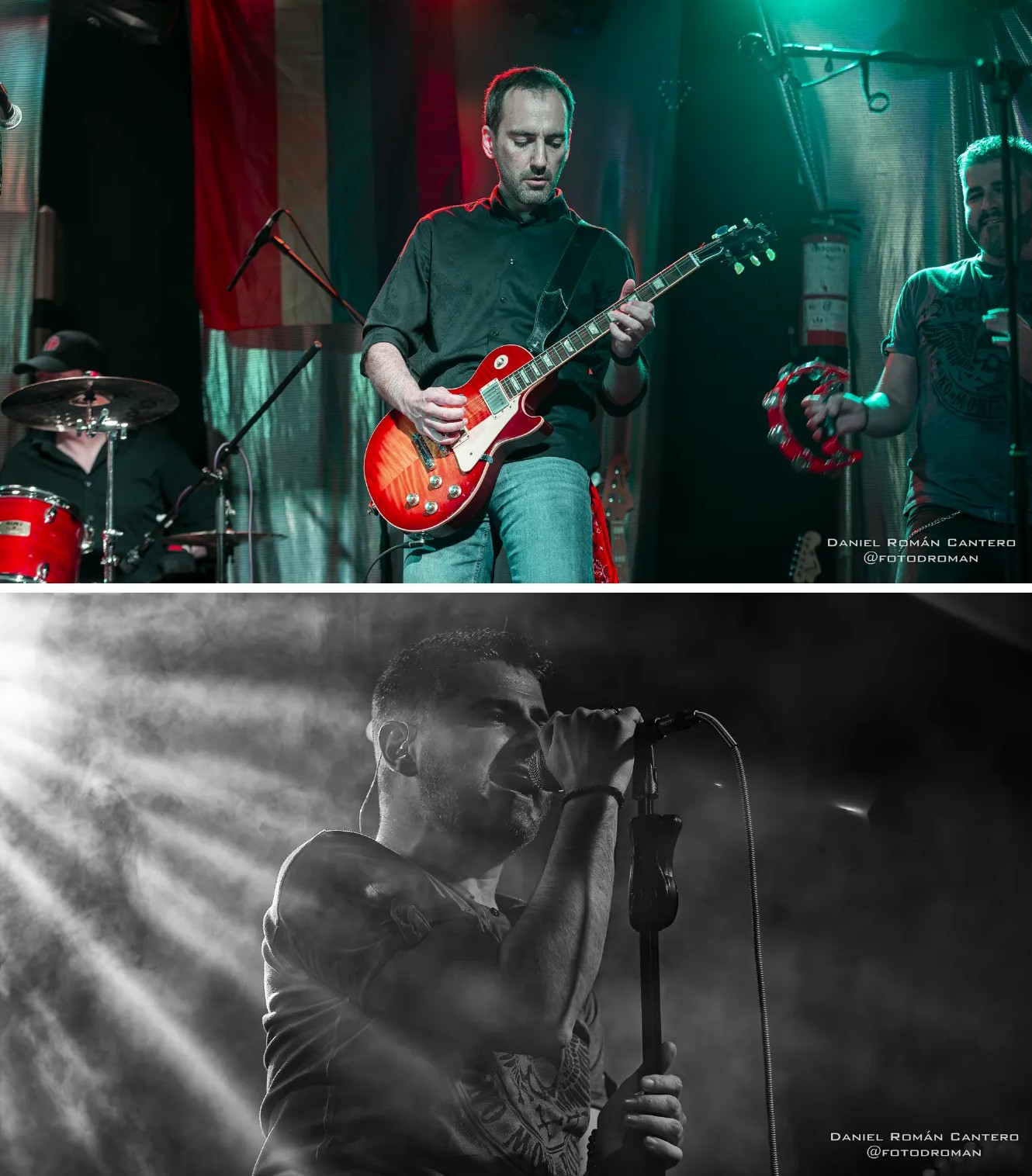 Guitarrista concentrado durante un solo y silueta del vocalista de Arrojo entre humo y luces