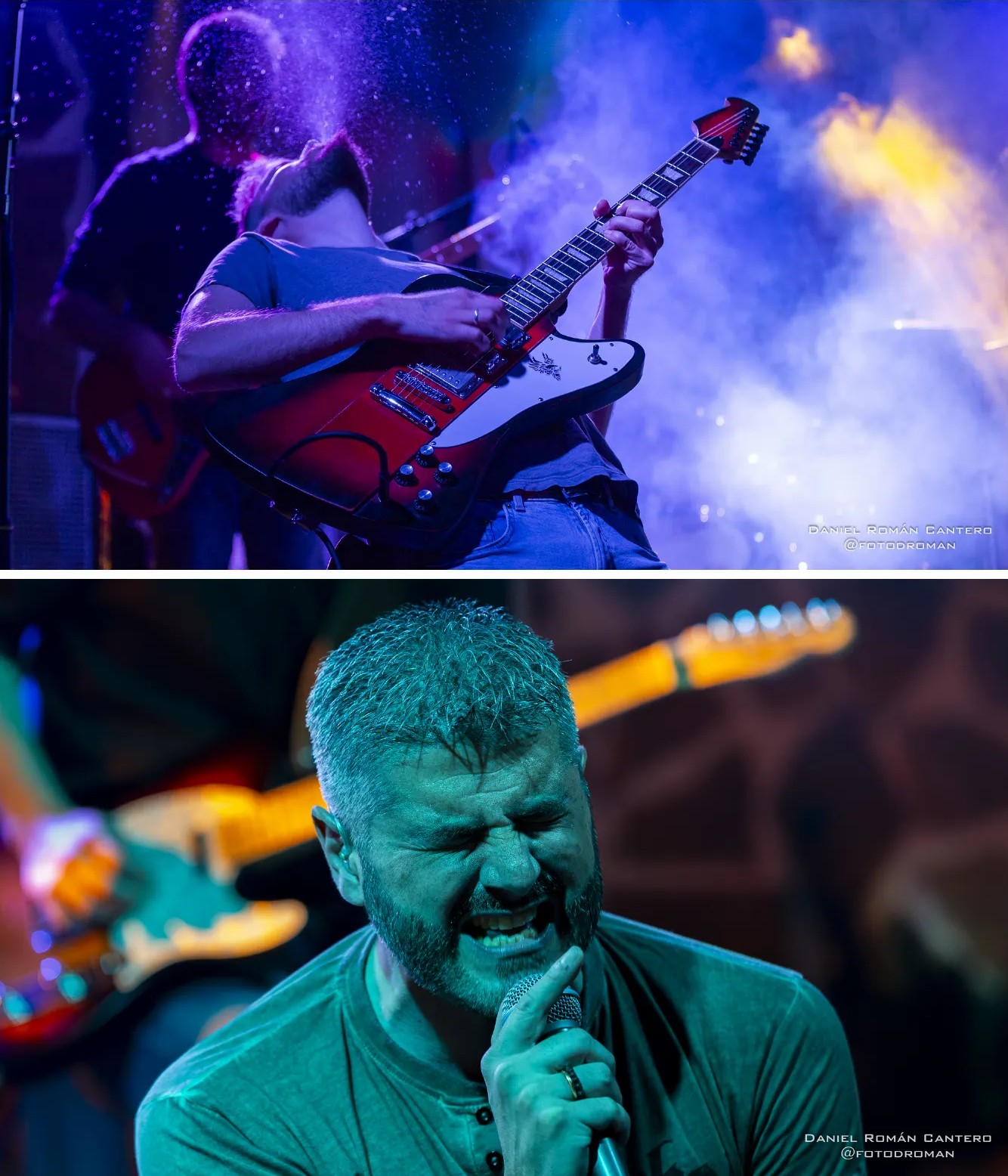 Guitarrista Guille haciendo un géiser de agua con la boca y primer plano del cantante Merino expresando la fuerza del rock