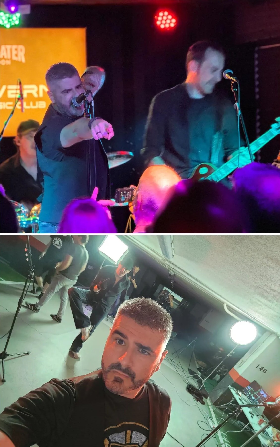 Merino interactuando con el público en directo y selfie de la banda durante la grabación de videoclip