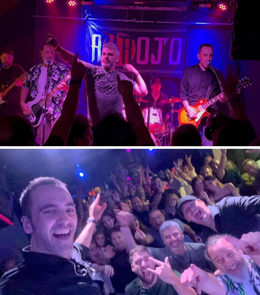 Collage de la banda en acción durante el show y selfie eufórico con el público, los Arrojers