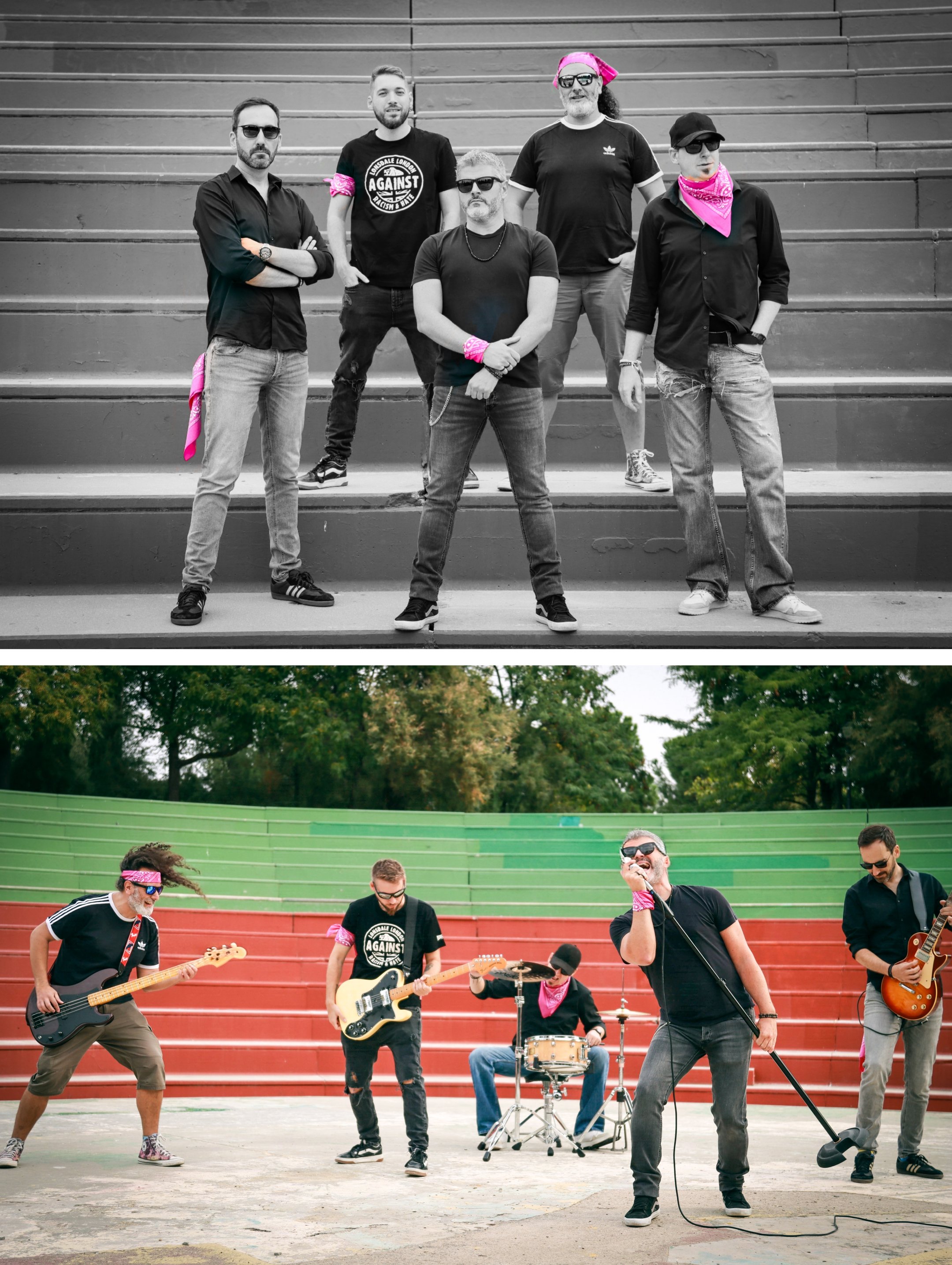 Collage de la banda Arrojo con foto grupal en blanco y negro y actuación al aire libre en anfiteatro