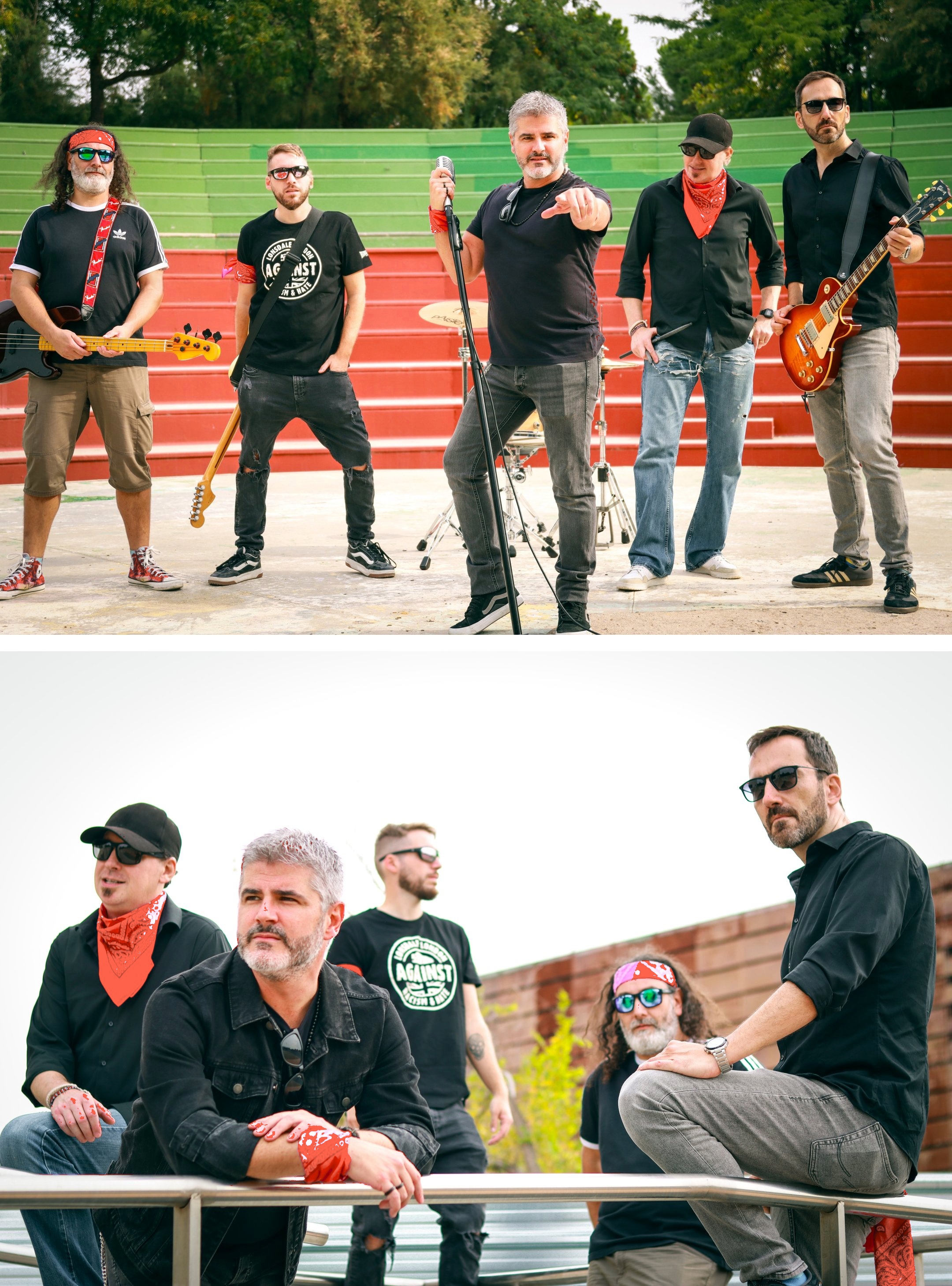 Collage de fotos grupales de la banda de rock Arrojo posando al aire libre en anfiteatro